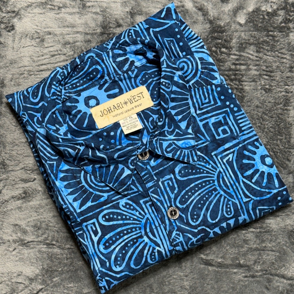 Johari West Button Up Shirt Mens XL Blue Batik Woodblock Cotton‎ Short Sleeve